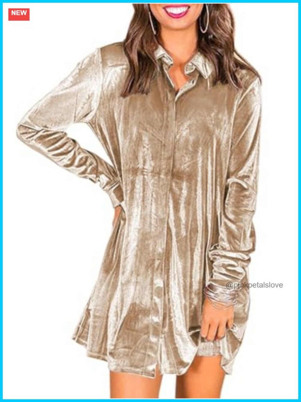 Velvet Button Down Long Sleeve Mini Dress A-Line Shirt Dress